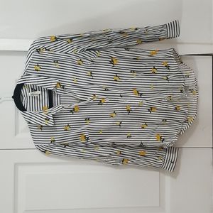 Black and white striped blouse with lemon design in excellent condition